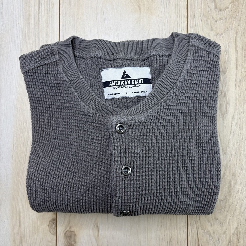 American Giant Henley Shirt L Gray Waffle Knit Cotton Made in USA Long Sleeve